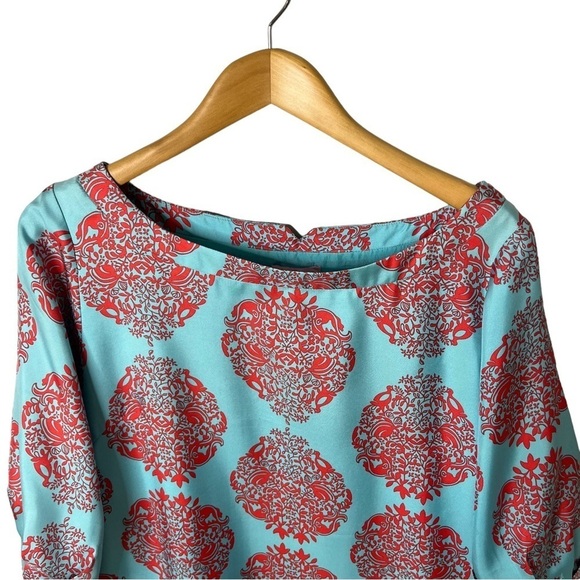 Lilly Pulitzer Turquoise Blue Sand Piper Silk Shift Dress Size 10 Puff Sleeves - Picture 2 of 8